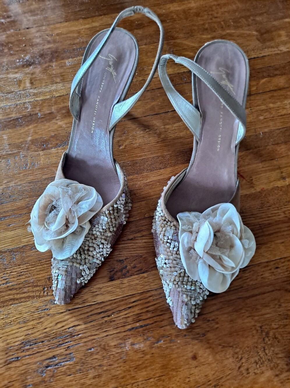 Guiseppe Zanotti Beige Embellished Slingback Heels with Floral Accent